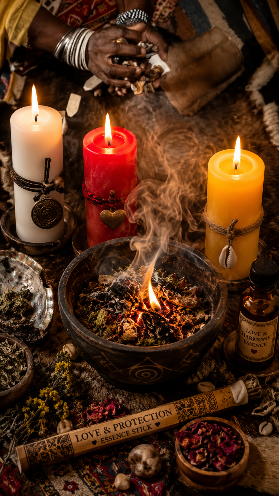 Professor Farid, traditional healer, performing a love & protection ritual with candles, incense and sacred herbs
